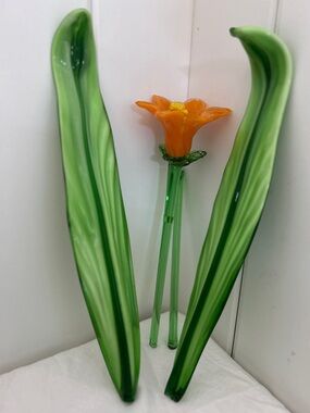 Vintage Handblown Glass Daffodil orange bloom flower Green leaves Murano style